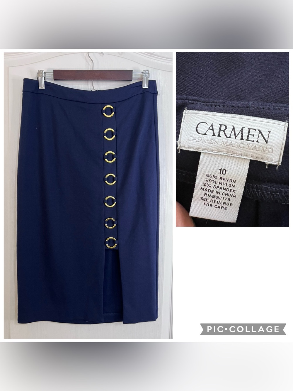 Carmen Marc Valvo Navy Ring-Detail Pencil Skirt size 10